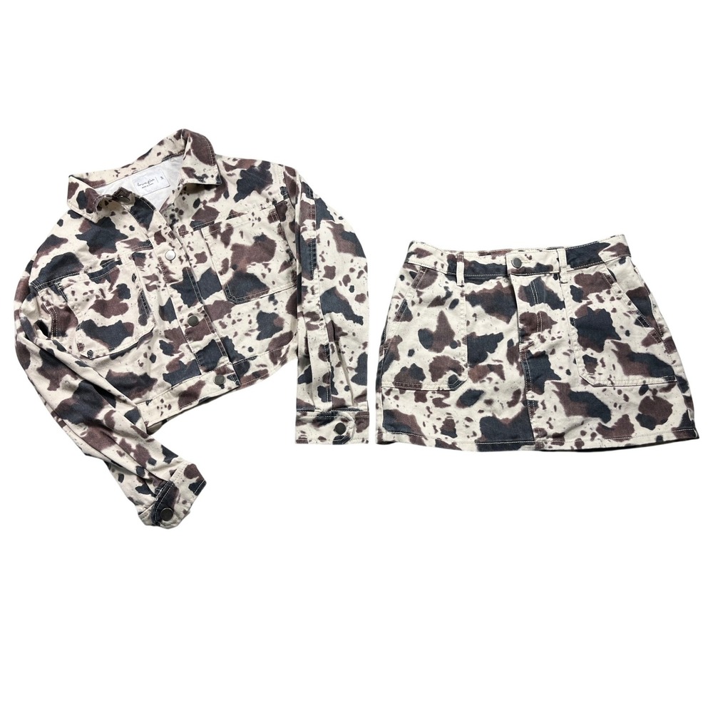 Love Fire Small Cow Print Denim Jacket Mini Skirt Matching 2 Piece Set Western